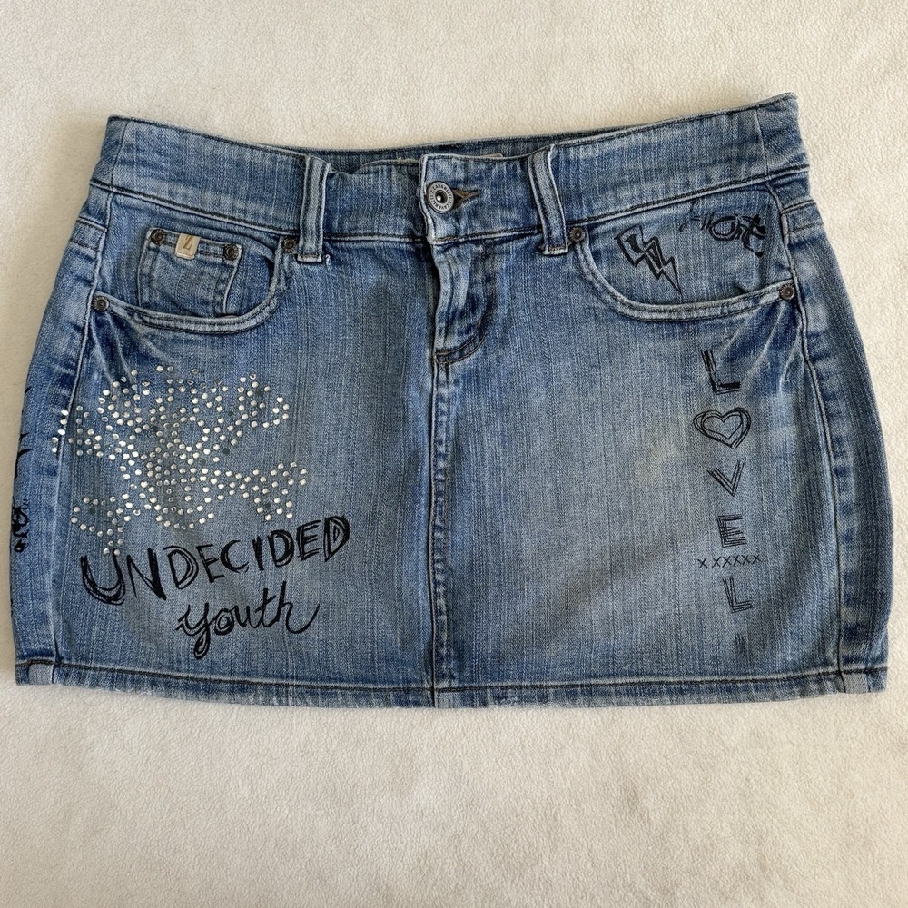 Z Cavaricci Denim Mini Skirt Tagged Size 7 Y2K Rhinestone Skull Graphic